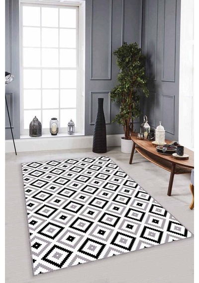 Füme Karo Kaymaz Taban Makinede Yıkanabilir Halı Kr007n11