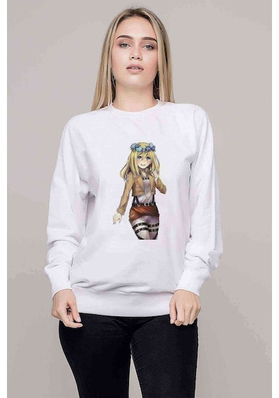 Anime Attack On Titan Baskılı Beyaz Kadın Sweatshirt (534614993)