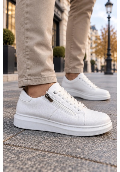 Mevese Roirraw Bağcıklı Ve Fermuarlı Cilt Erkek Günlük Sneaker Ayakkabı - Beyaz