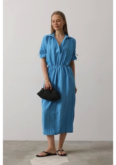 Defymoda Beli Lastikli Elbise - Mavi Mavi