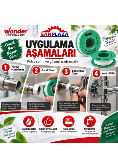Sanplaza Wonder Teflon Bant 12 Mm X 10 Mt Ptfe Diş Sızdırmazlık Tesisat İzolasyon Bandı 10 Adet