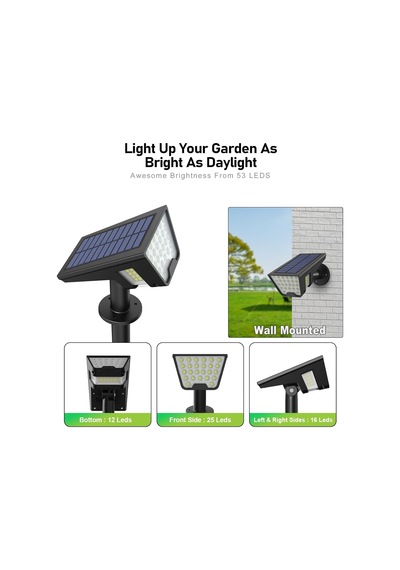 Solar Spot Işıklar Dış Mekan Ip65 Su Geçirmez, 53 Led Güneş Enerjili Bahçe Avlu Işıkları Dış Mekan 3 Modlu