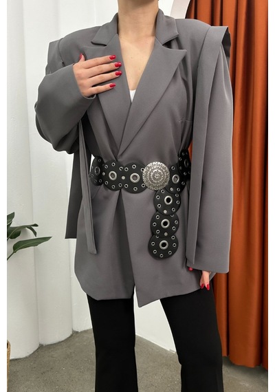Kadın Oversize Blazer Ceket Kuşaklı Omuz Detaylı Gri