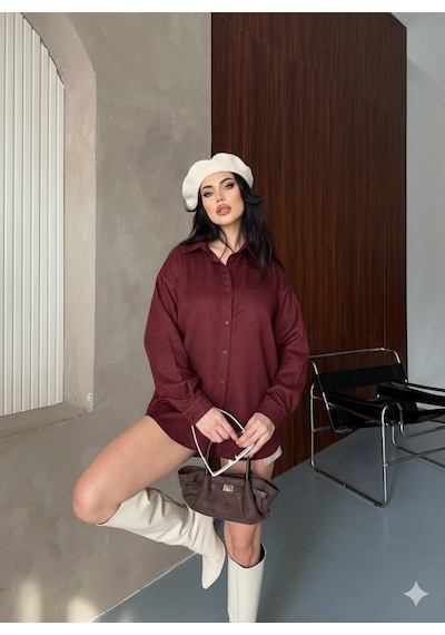 Ribana Classic Kadın Oversize Süet Büyük Beden Uzun Kollu Düğmeli Tek Cepli Gömlek 4962 Bordo Ribana Classic Kadın Oversize Süet Büyük Beden Uzun Kollu Düğmeli Tek Cepli Gömlek 4962 Bordo