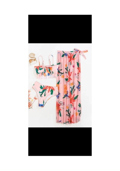 Nisanurtekstil Yüksek Bel Bohemia Mayo Set Üç Parça Çiçek Baskı Bikini Mayo Pembe Pembe