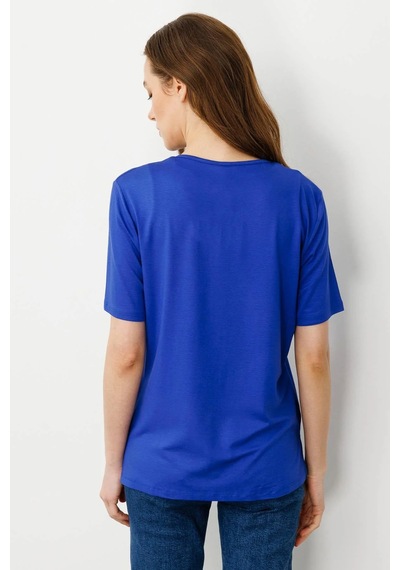 Desen Triko Kadın Açma Yaka Nakış İşlemeli T-shirt 25703 Saks Saks