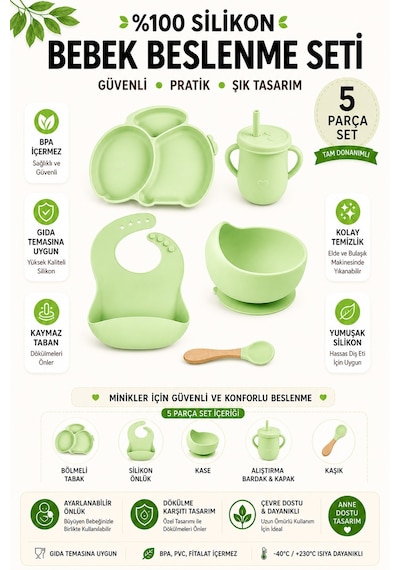 Silikon Beslenme Seti / Vakumlu Silikon Mama Tabağı Ve Kase, Önlük, Pipetli Bardak Ve Kaşık / Yeşil