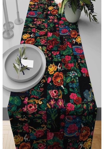 Siyah Patchwork Desenli Premium Masa Örtüsü Runner Rnr290n11