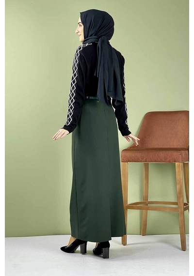 İbrahim Burak Etiler Collection Moda Çizgi Etek Zümrüt Yeşili