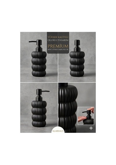 Dalgalı Seramik Mat Siyah Pompalı Sıvı Sabunluk - 400 Ml - 18 X 8 X 7 Cm