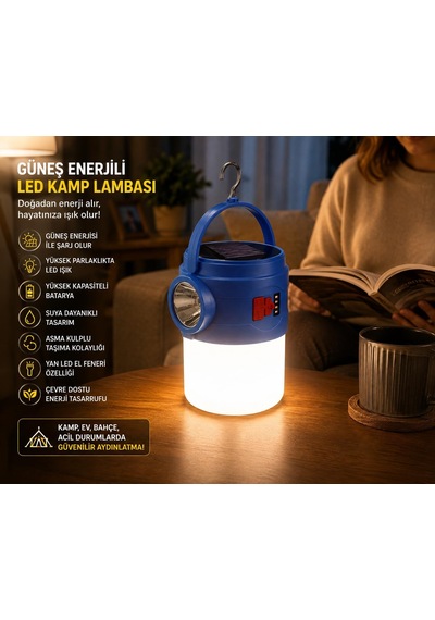 Güneş Enerjili Led Kamp Lambası Ve El Feneri, Asma Kulplu