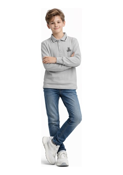 İrem Çocuk Giyim Erkek Çocuk Brooklyn Yazılı Polo Yaka Yakası Çizgi Desenli Gri Renk Polo Yaka Sweatshirt Gri