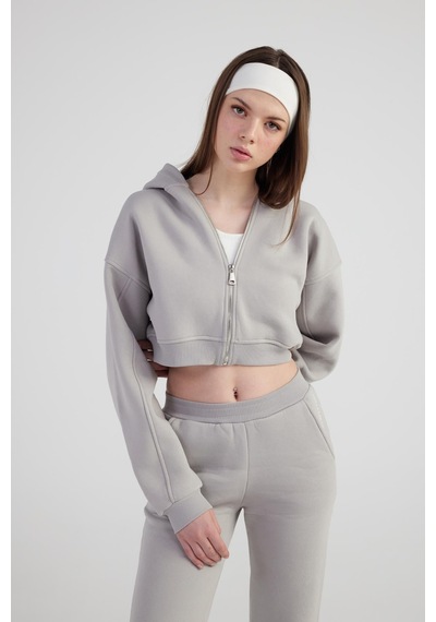 Holly Lolly Kadın Gri Kapüşonlu Uzun Kol Fermuarlı Crop Mixed Sweat