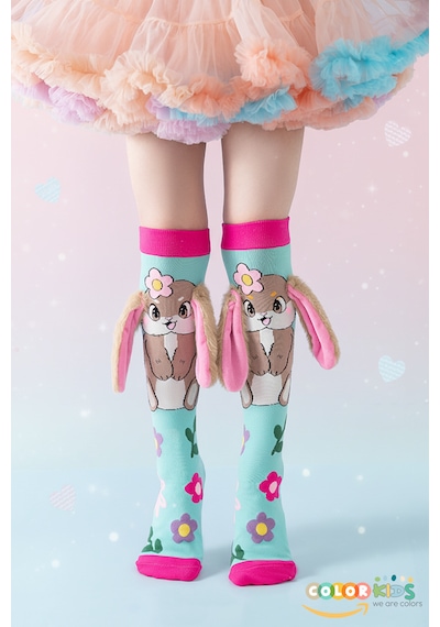 Color Socks 1 Çift Tavşan Peluş Kulaklı Kız Çocuk Çorap Topuksuz Turkuaz