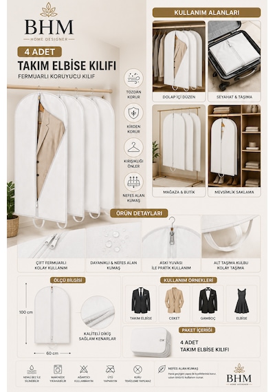 4'lü Takım Elbise Kılıfı 60x100 Cm Çift Fermuarlı Gamboç Elbise Kılıfı Kıyafet Koruyucu Toz Geçirmez Dolap Düzenleyici Beyaz
