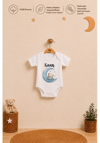 Pia Baby Erkek Bebek İsme Özel Hediye Seti 2'li %100 Pamuk Organik Baskılı Body Zıbın Ve Ham Bez Kıyafet Kesesi 1071b2kyx Krem