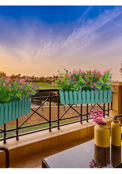 Yapay Çiçek Yeşil Gold Çit Balkon Saksısı Renkli Mineli Şimşir Çiçekli 55 35cm