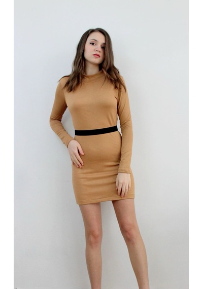 Mois Atelier Siyah Kuşaklı Bej Triko Mini Kadın Elbise Bej