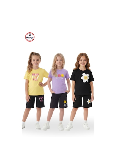 Panios Kids 3 Lü Yuvarlak Yaka Kaprili Baskı Detaylı Yazlık Kız Çocuk 6 Parça Alt Üst Takım Sarı - Mor - Siyah