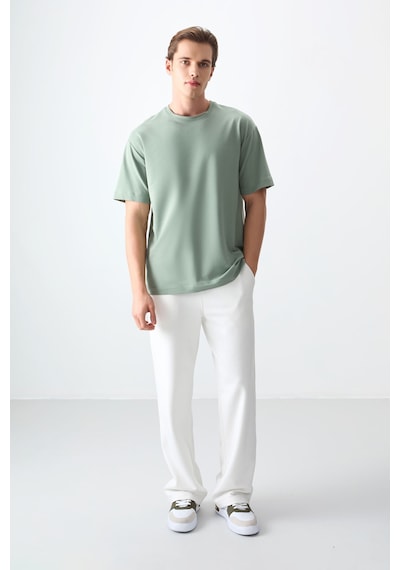 Air Jones Tommy Life Açık Yeşil Pamuklu Kalın Yumuşak Dokulu Oversize Fit Basic Erkek T-shirt - 88377 CAMEL