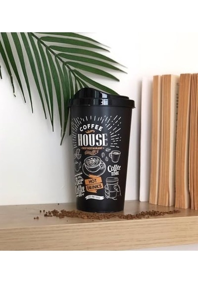 2&apos Li Coffee House Desenli Kahve Bardağı Seti 650 Ml + 400 Ml - Kahverengi Şık Tasarımlı Pipetli Bardak Takımı Açık Ahşap