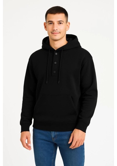 Mbb E-ticaret Erkek Kapüşonlu Hoodie Cepli Çıtçıtlı 3 İplik Pamuklu Sweatshirt - Siyah