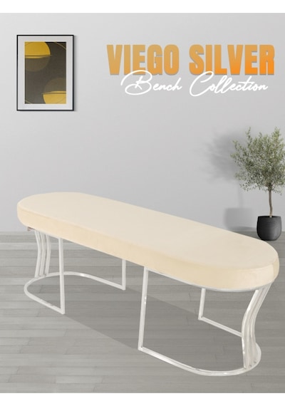 Viego Silver Smooth- Krem Kapitoneli Model Puf & Bench & Koltuk- Oturak-uzun Makyaj Puff-yatak Odası Ucu &önü