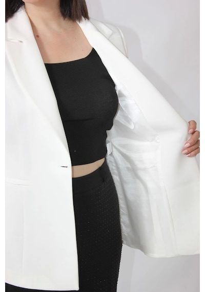 Moda Berray 1904 Beyaz Fermuarlı Cep Aksesuarlı Kadın Büyük Beden Blazer Ceket Beyaz