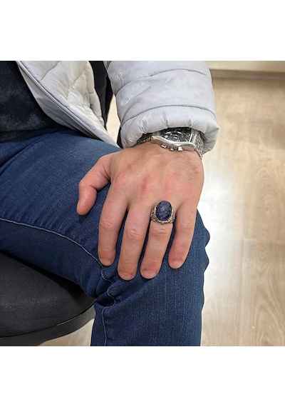 Gümüş Çapa Kaptan Yüzüğü, Yaratılmış Taş Yüzük, 925 Ayar Sterling Gümüş Yaratılmış Taş Yüzükler - Çeşitli Koleksiyon Yaratılmış Safir Gümüş