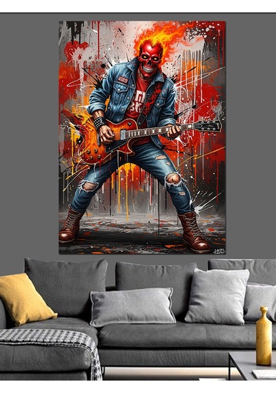 Elektrogitar Çalan Kırmızı Maskeli Rock Müzisyeni Dekoratif Kanvas - Mdf Ahşap Tablo