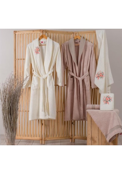 Cotton Box Nakışlı 3D Bamboo Aile Bornoz Seti Lenora Ekru Cappuci (543741874)