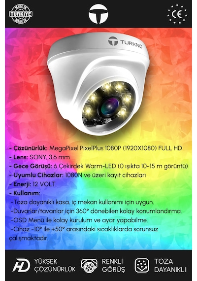 Turkno 2 Kameralı Domie 2 İç Kamera Set 500 GB HDD Full HD Renkli Gece Görüşlü Güvenlik Kamerası Sistemi