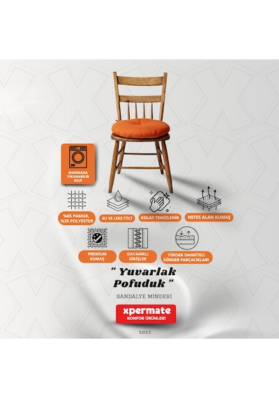 Pofuduk Yuvarlak Sandalye Minderi Mutfak, Balkon, Bahçe Dekoratif Oturma Minderi Yumuşak Dolgu Turuncu