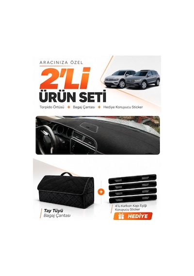 E-biz Volkswagen Tiguan 2016-2023 Uyumlu Torpido Örtüsü + Tay Tüyü Bagaj Çantası - Siyah - Vw024