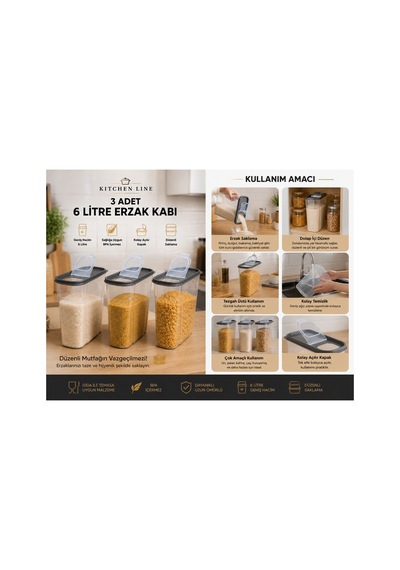 3'lü 6 Litre Premıum Erzak Saklama Kabı Seti Şeffaf
