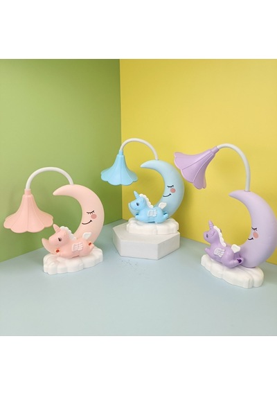 Ay Ve Unicorn Tasarımlı Sevimli Şarjlı Masa Lambası Pembe