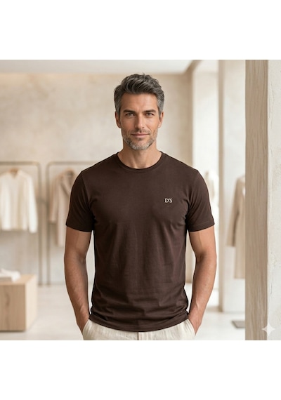 D's Damat Erkek T-shirt, Regular Fit Bisiklet Yaka Esnek Pamuklu Günlük Kısa Kollu Tişört Koyu Kahverengi Renkli