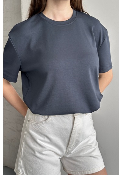 Balenbi Kadın Modal Bisiklet Yaka Basic Yarım Kollu T-shirt 1211 Füme