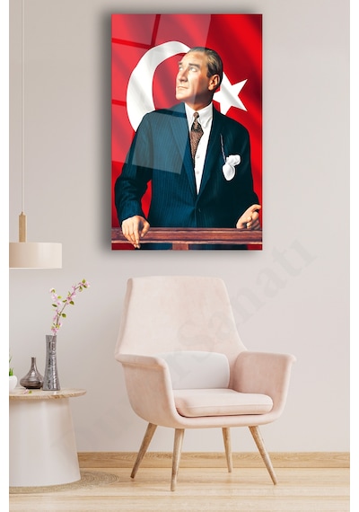 Mustafa Kemal Atatürk Ve Türk Bayrağı Dikey Cam Tablo Modern Ev Ofis Salon Hediyelik Büyük Tablo