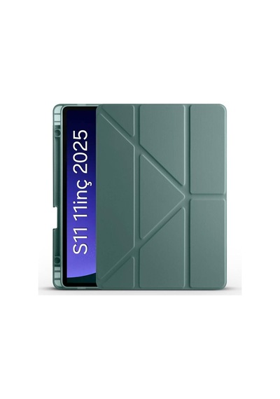 S11 2025 11 İnç Tablet Sm-x730/x736 İçinile Uyumlu Üçgen Kalem Bölümlü Standlı Uyku Modlu Akıllı Kılıf Koyu Yeşil Sku: Zeusb0gfx6yz37 Arka Kapak