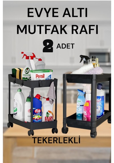 Maja 2 Adet 2 Katlı Siyah Tekerlekli Düzenleyici Mutfak Rafı Bany Siyah