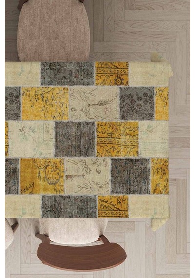 Sarı Patchwork Desen Dokuma Leke Tutmaz Masa Örtüsü Mso296n11