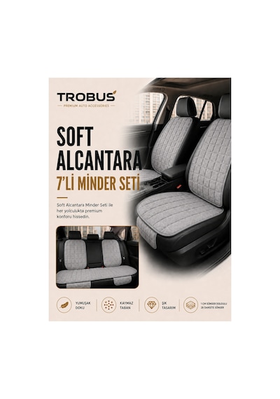 Opel Astra 2000-2004 Üniversal Soft Alkantra Kare Desen 7 Parça Oto Koltuk Minderi Gri