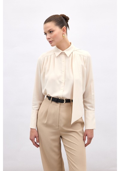 Sateen Fularlı Gömlek - Bej-136900 bej