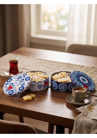 2'li Hediyelik Tanışma Paketi %27 Tereyağlı Kurabiye 180 Gr X 2 Özel Tasarım Beyaz Ve Mavi Nazar Boncuklu Hediyelik Teneke Kutu