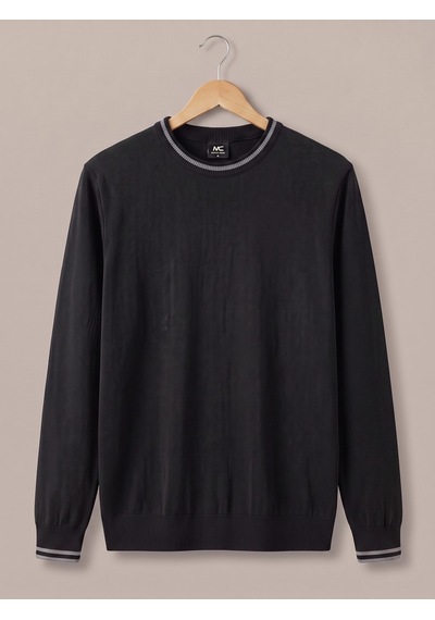 Maccali Erkek Siyah Kontrast Şeritli Bisiklet Yaka Triko Sweatshirt
