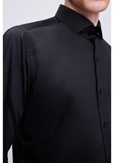 Hatemoğlu Siyah Slim Fit 100% Pamuk Açık İtalyan Yaka Uzun Kollu Saten Gömlek 24d190000045 002 Siyah