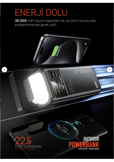 30.000 Mah 22.5w Kamp Powerbank Çift Led Fenerli Hızlı Şarj Pd30 siyah