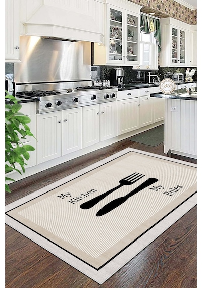 West Home Makinede Yıkanabilir Kaymaz Taban Leke Tutmaz Bej Mutfak Halısı Mutfak Kesme Yolluk