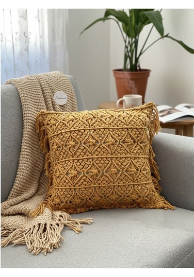 Bohem Ruhu Yaşam Alanınıza Taşıyın: Doğal Makrome Kırlent Kılıfı 40x40 Cm Diğer